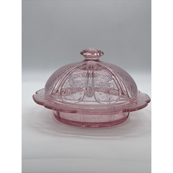 Unmarked Kitchen Cherry Blossom Round Lidded Butter Dish Pink Glass